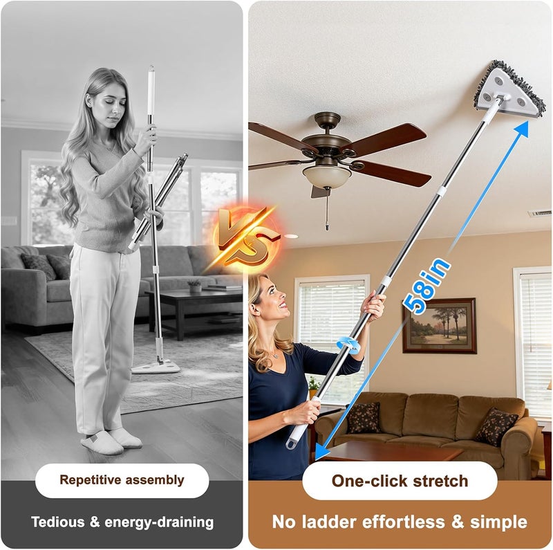 POPMOP Wall Cleaner Mop with Long Handle, Wall Duster with Extension Pole, 3-in-1 Wall Cleaner, Dust Mop with 5 Reusable Pads - Image 4